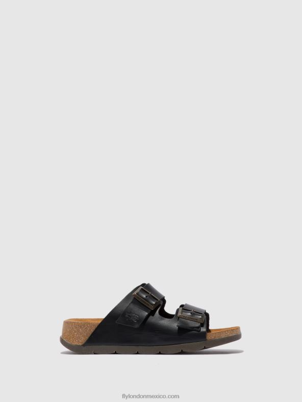 brida negra 2LT8B387 mules punta abierta caja721 Fly London mujer